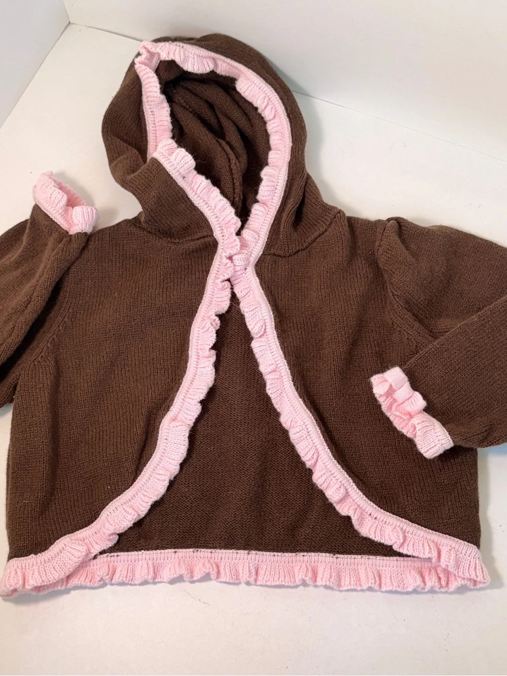 Gymboree Sweeter Than Chocolate Girls 2T Brown & Pink Ruffle Trim Hooded Sweater